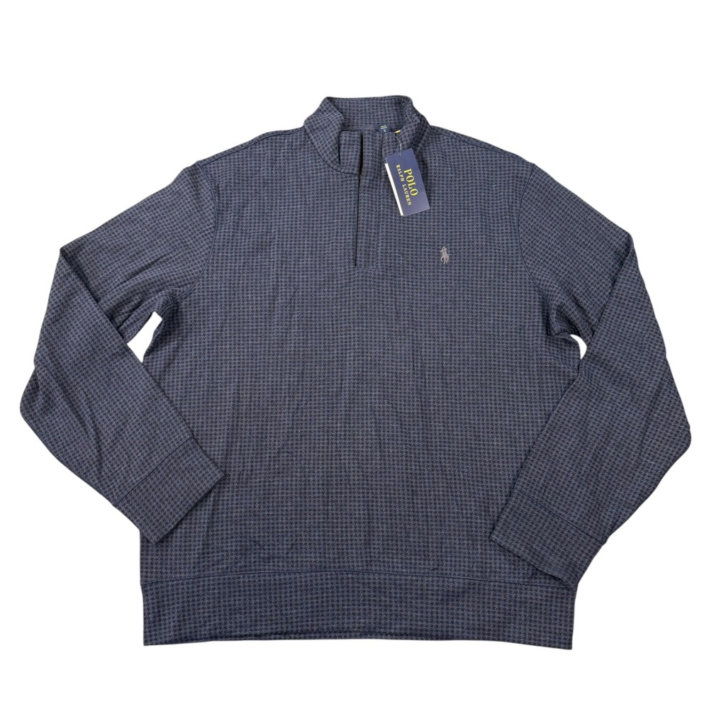 Polo Ralph Lauren Mens Quarter Zip Navy Houndstooth Cotton Blend Pullover Size L